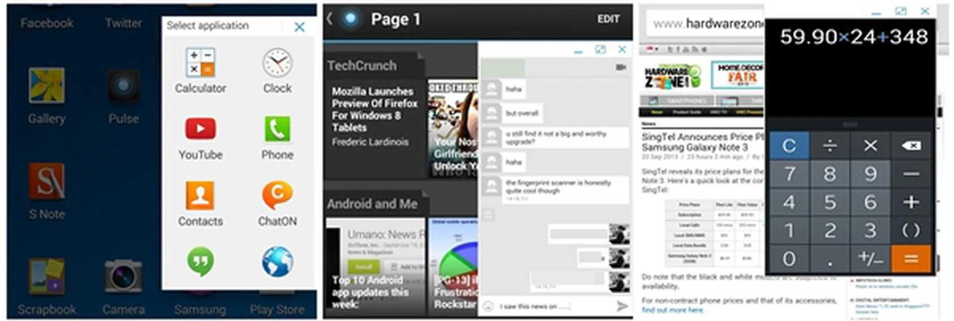 Eight apps are supported on Pen Window (left). Here are some examples of usage scenarios of Pen Window: discussing news with a friend on Hangouts while in Pulse News Reader (center) and calculating the total costs of owning a Galaxy Note 3 with SingTel's Flexi Value plan.