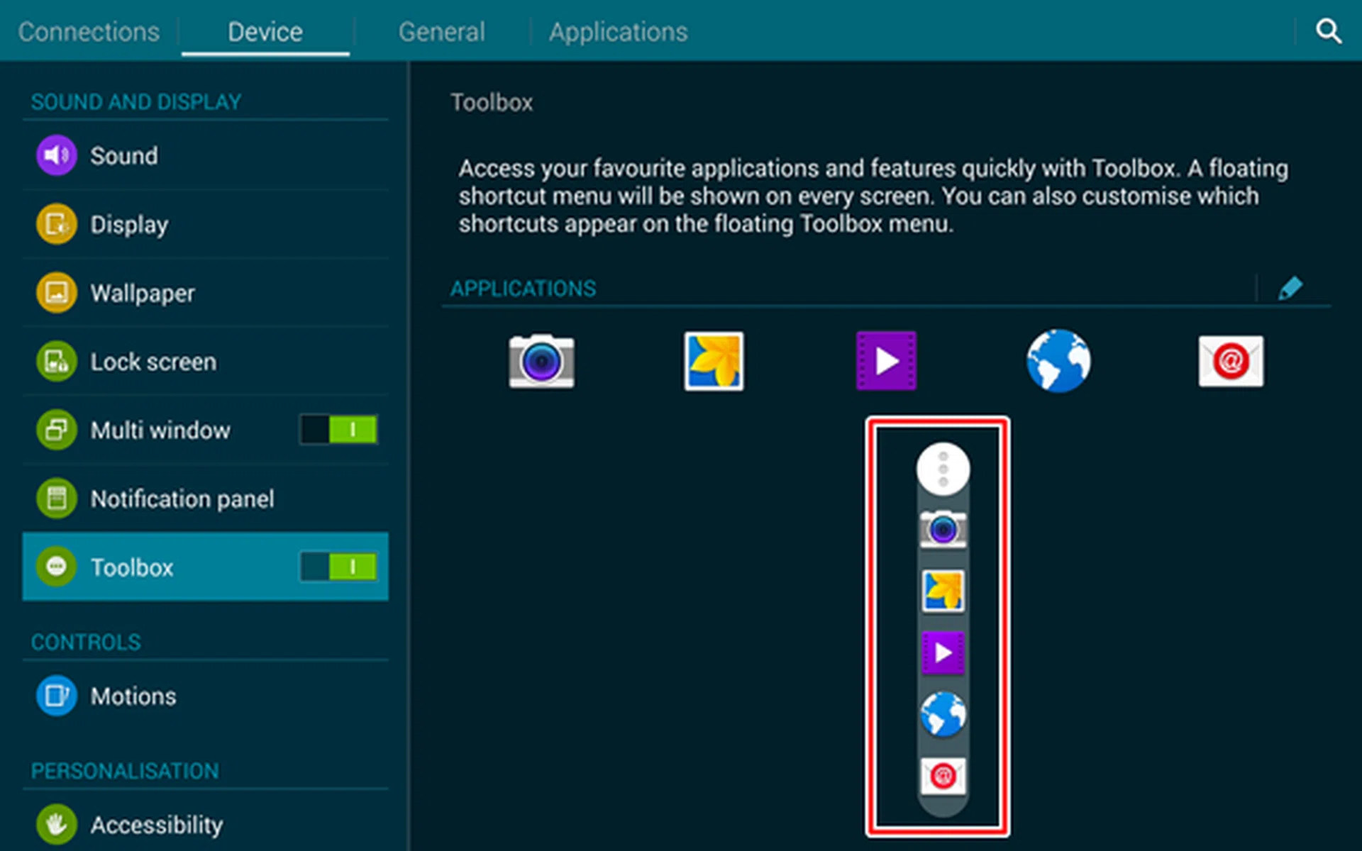 Toolbox is a floating shortcut menu that is designed to give you quick access to five apps.