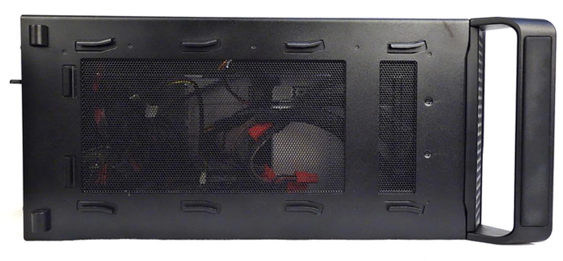 Removing the system's bottom mounted filter, you'll find the the intake vents for the graphics card. (Refer to the interior photos below to get an idea of the system's interior layout.)
