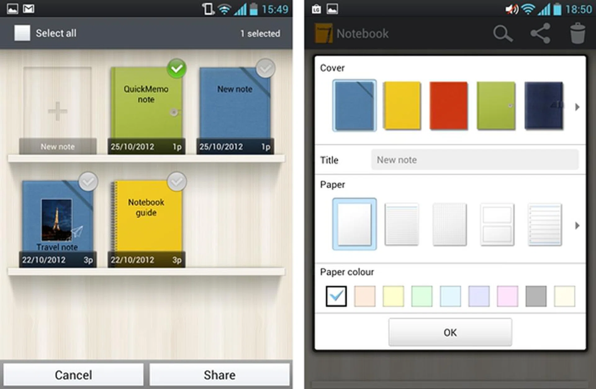 Your Notebooks are laid out on 'shelves' for easy viewing. To add a new book, simply click on the giant '+' sign on the top left corner of the 'shelf'. You get a couple of customization options for your notebook - type and color of paper design. You can easily share your notebooks in their entirety via email in either .pdf or zipped files (.png).