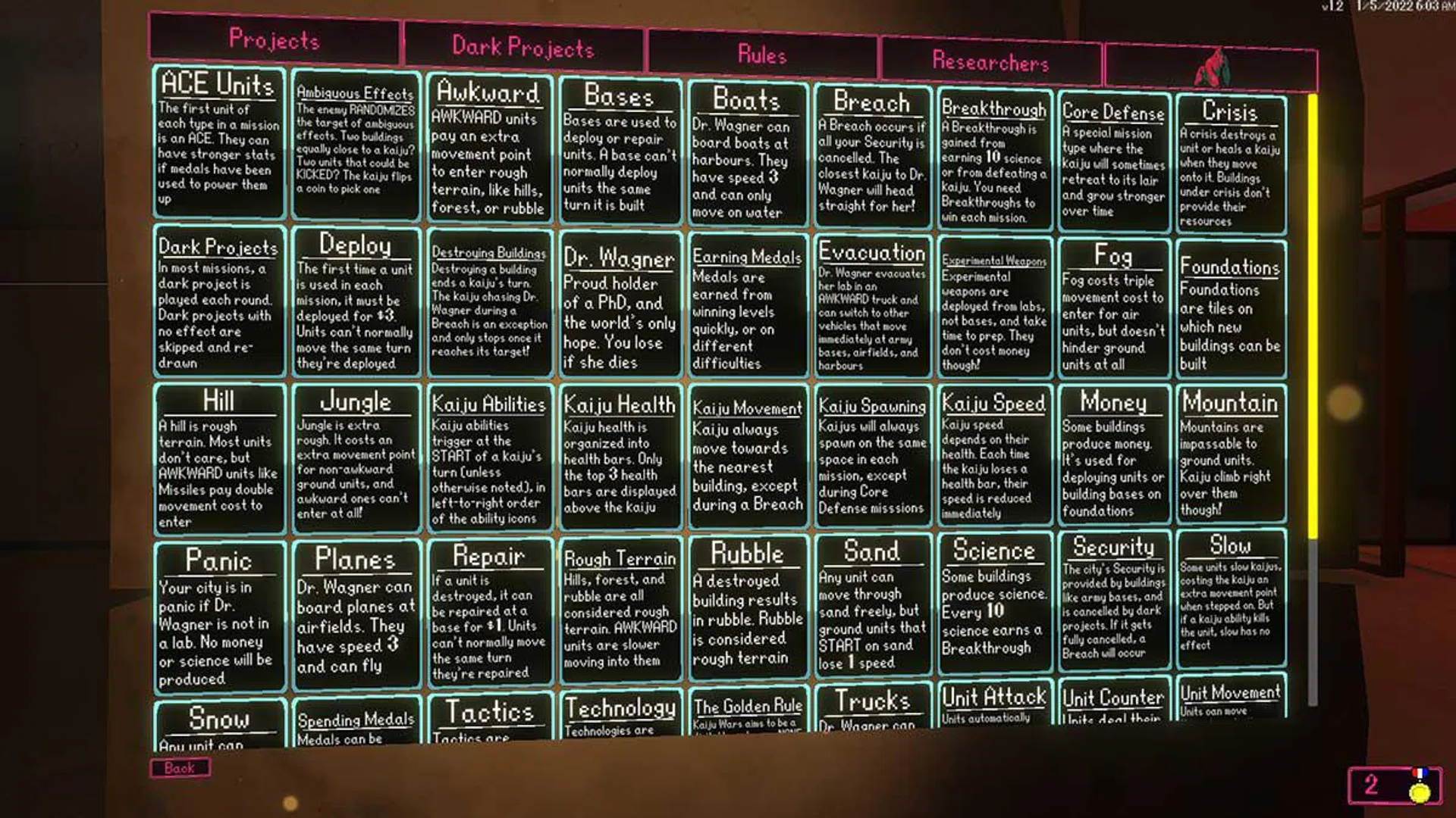 A list of the Project Cards you can unlock.