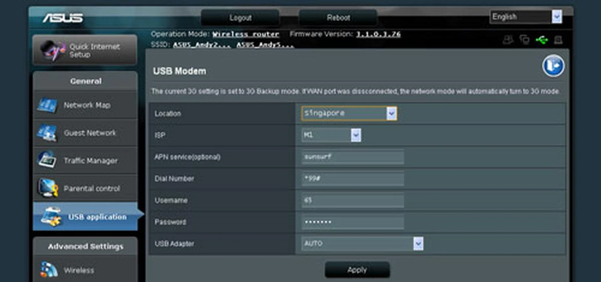 The N66U's 3G mode acts like a backup feature in case your WAN or Internet connection should fail. APN names and user settings for all three Internet service providers are included as well. 