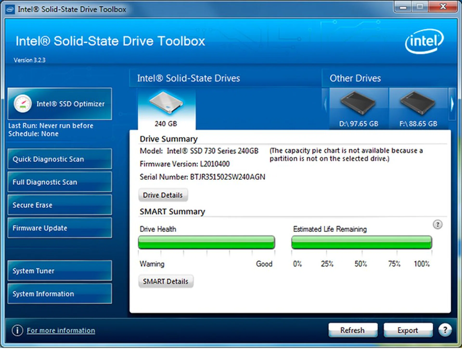 The Intel SSD Toolbox lets users quickly check on their drives to see its status and lifespan and also provides a quick and easy way to upgrade the drive's firmware.