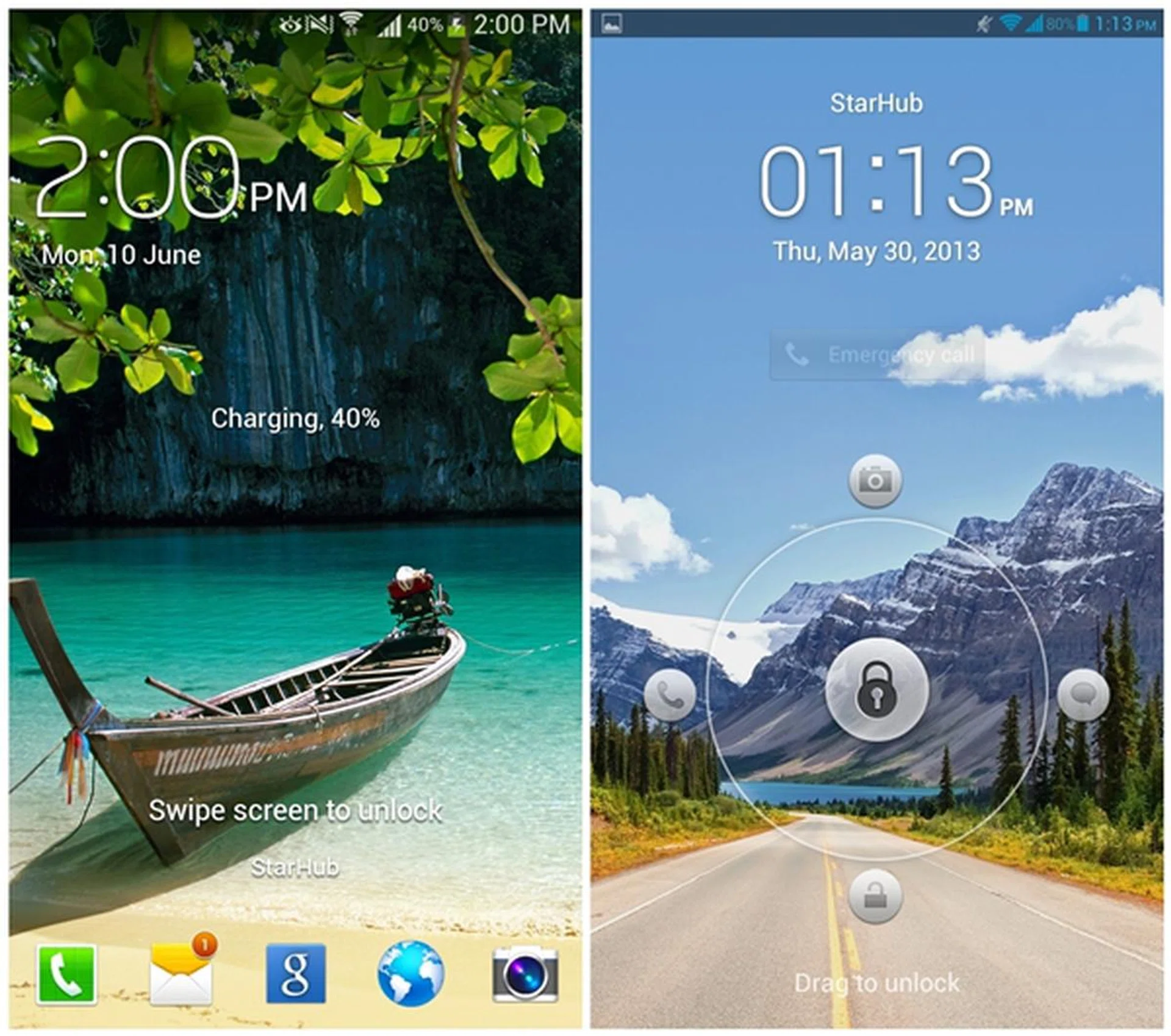 Two different ways of unlocking the screen. Naturally, the Galaxy Mega (left) is the better option as it doesn't restrict you on the direction to swipe to unlock.