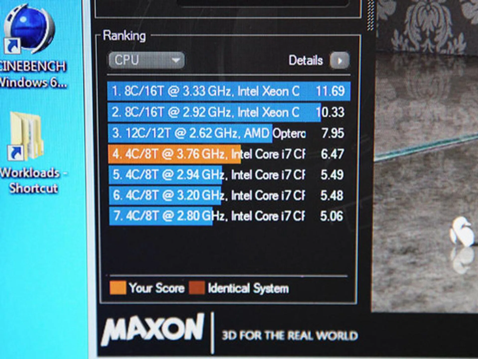 Cinebench score of the overclocked Core i7-875K compared with other processors.