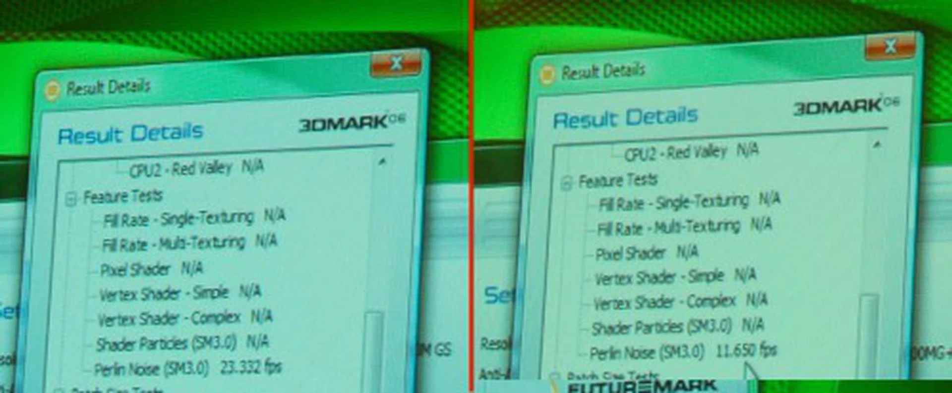 The results on the left are with Hybrid SLI activated, while the results on the right are just results from the IGP chipset alone.