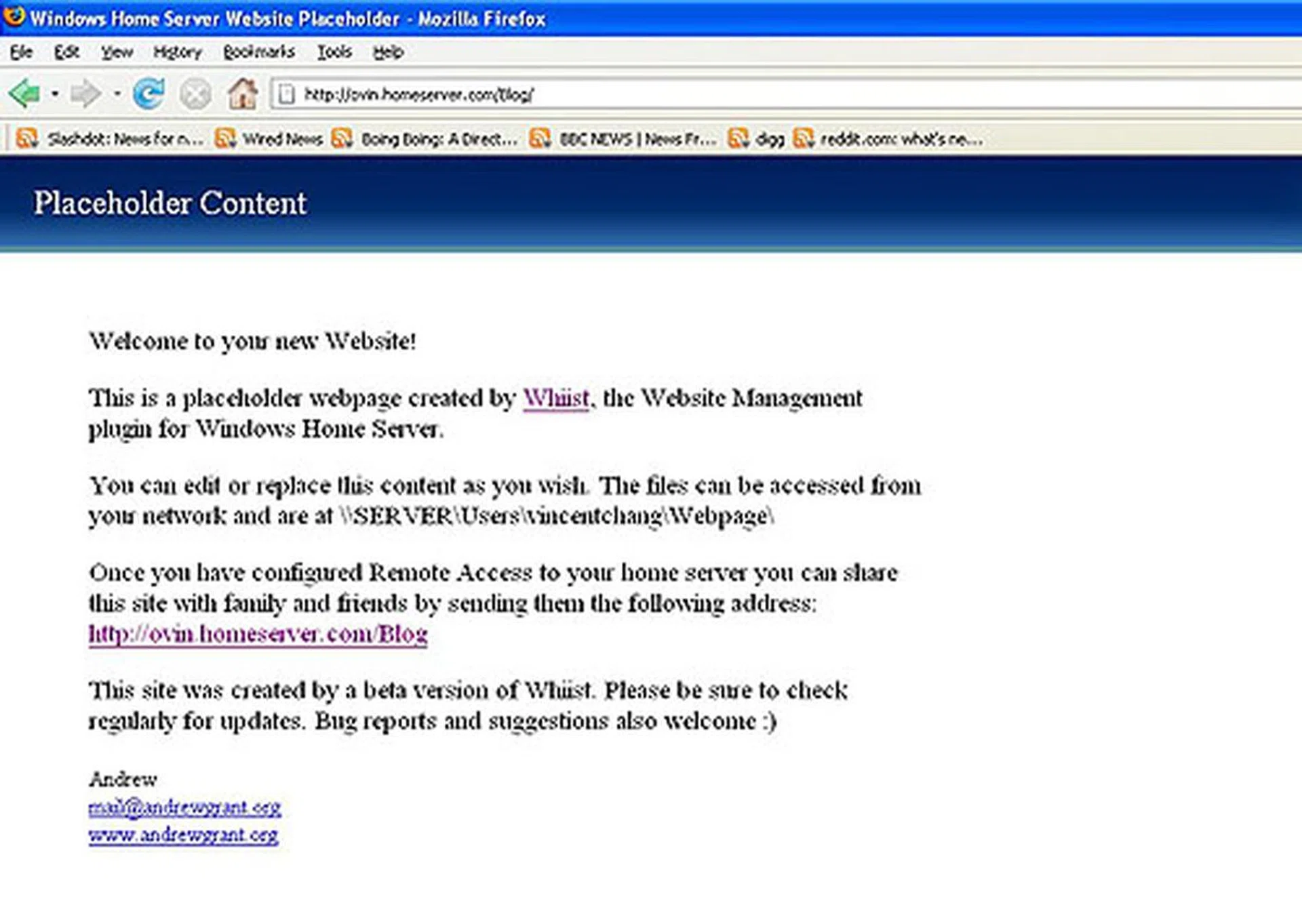 (Click to enlarge.) The default page created by Whiist if you had gone thru the wizard successfully. Now it's up to you to fill in the content. 