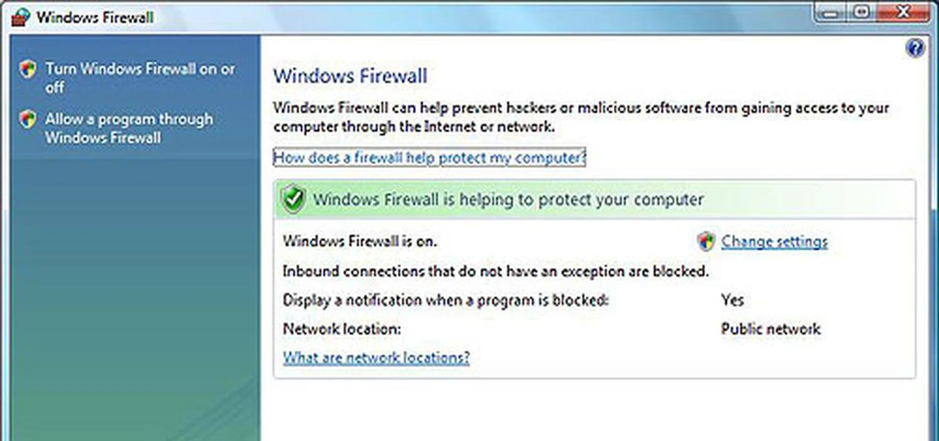 Here's the new main firewall options page in Windows Vista.