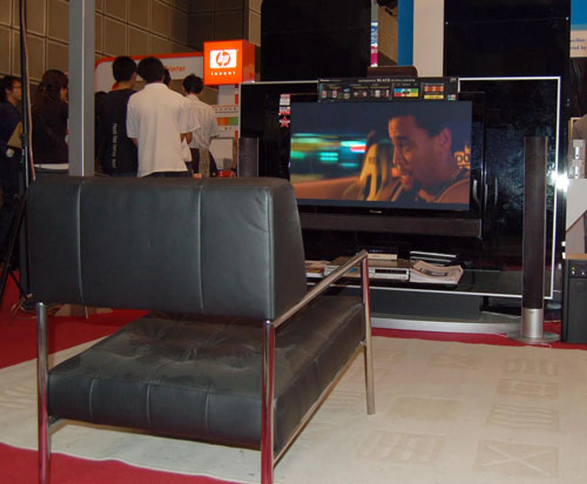 A demo setup to show what a big screen Pioneer Plasma TV could do to the entertainment value of your living room.
