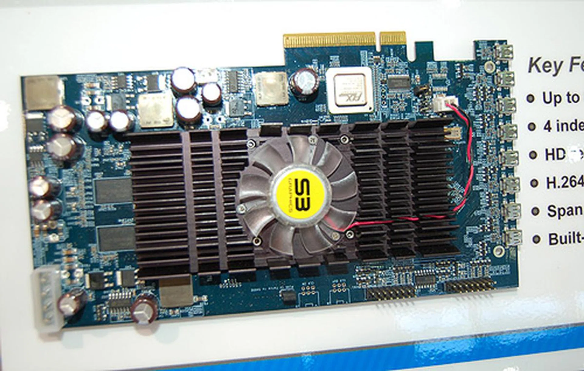 S3 Graphics is still very much in the business, and this is the Chrome 5400E dual-GPU multi-display card. It is capable of driving up to 8 simultaneously displays and 4 independent video HD video streams.