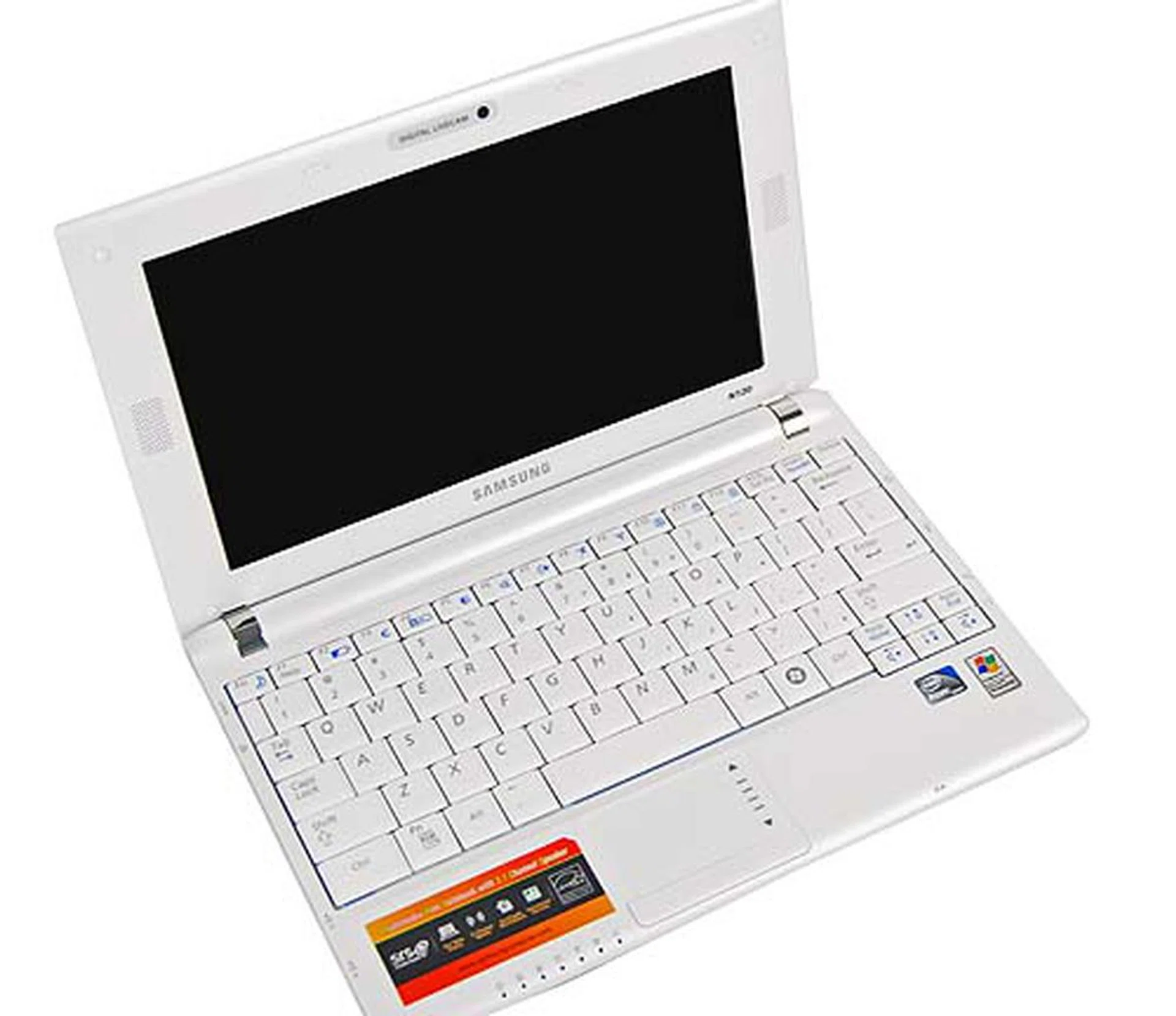 The insides open to a very pretty interior with a spacious keyboard. Note the speakers located at the side of the glossy screen.