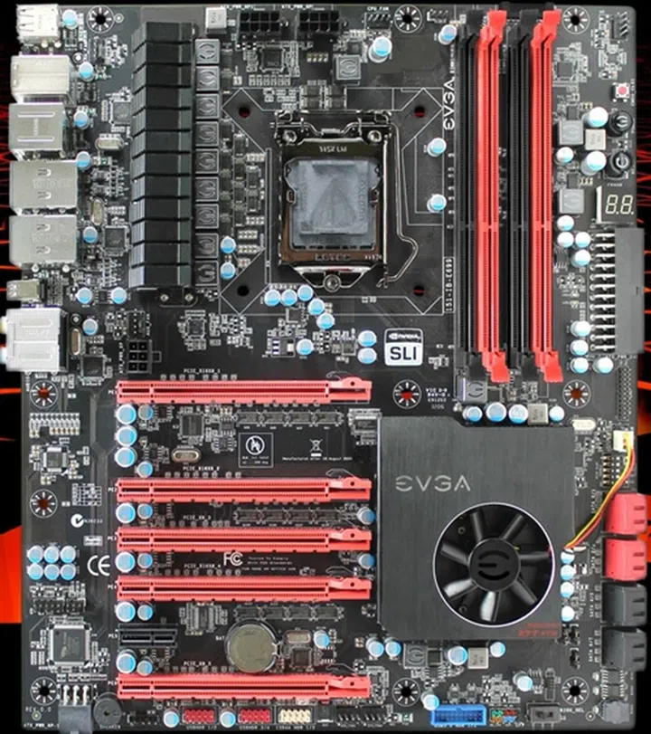 The EVGA Z777 FTW features active cooling for its Southbridge chipset and has PCIe disable DIP switches for troubleshooting errant graphics and expansion cards.