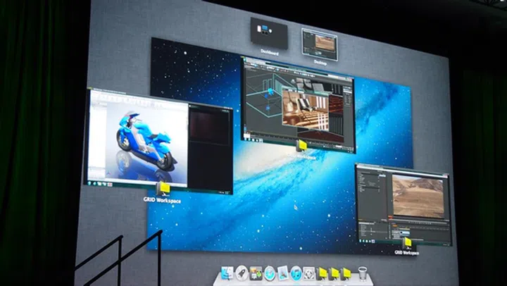 During VCA's demonstration, a MacBook Pro had three instances of NVIDIA Workspace running. Each workspace had a CPU-GPU intensive application in use; the one on the extreme left had SolidWorks operating, the one on the far right hosted Adobe Premiere with a 4K video playing and the middle workspace had a CAD-based software in operation.