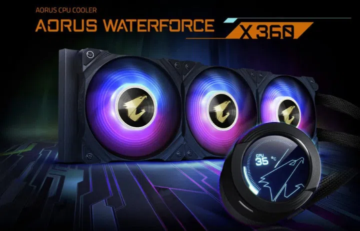 Meet the Aorus Waterforce X 360, an all-in-one liquid cooler with circular LCD Display, RGB Fusion 2.0, and triple 120mm ARGB Fans.
