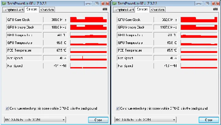 Here's what GPU-Z picked up when the GPU was idle at desktop, with dampened clock speeds and its actual clock speeds of 602/2214MHz DDR. Click to view bigger image.