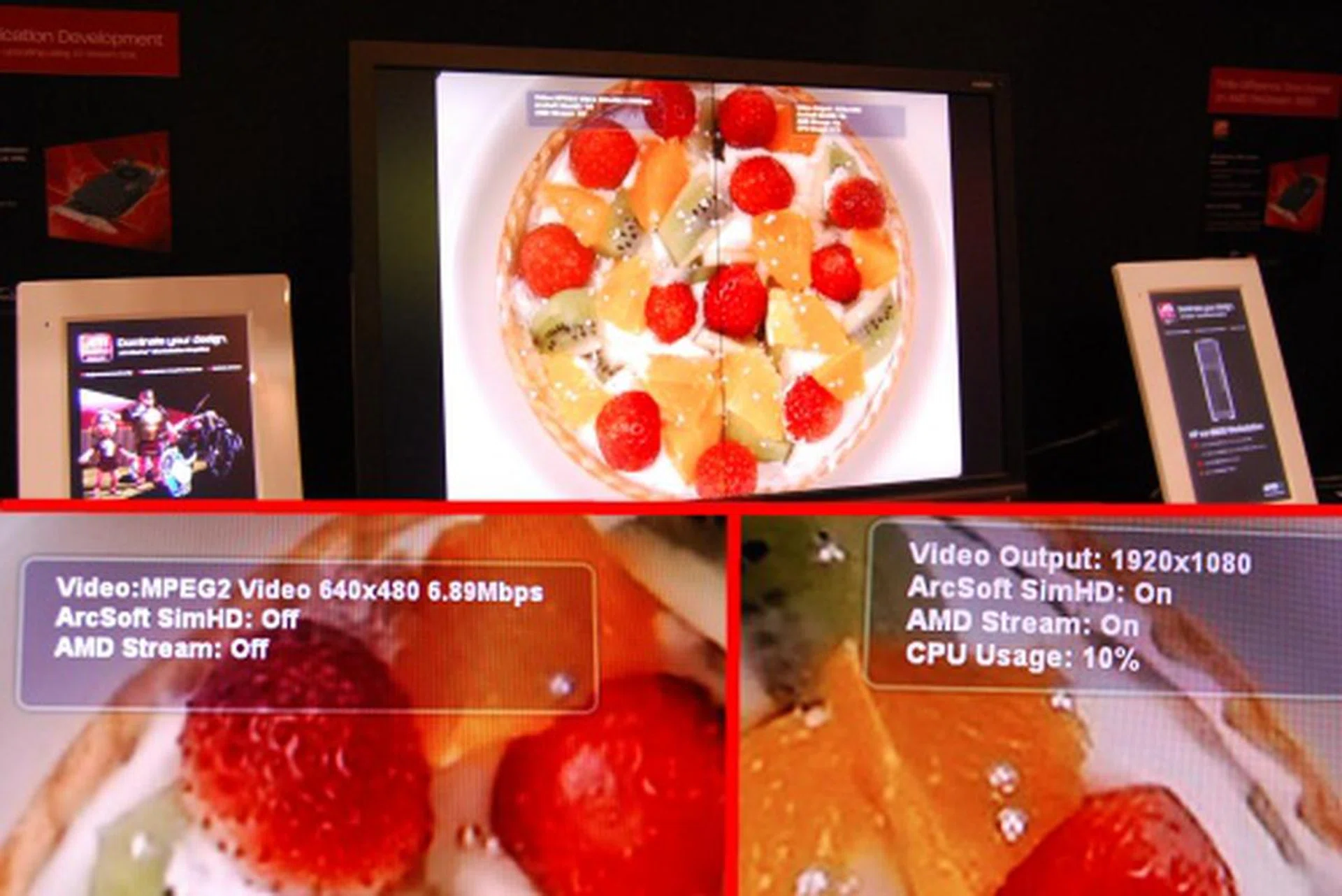 Here's the ArcSoft TotalMedia Theater software demo with an ATI Stream enabled SimHD DVD up-scaling technology at work. On the left is a standard definition MPEG2 clip while on the right is the up-scaler enabled showing better details and clarity with very low CPU utilization.
