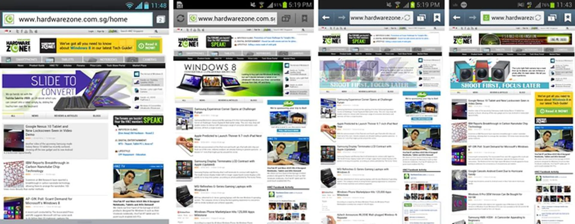 Web browsing experience across multiple devices. From left to right: LG Optimus VU, Samsung Galaxy Note, Galaxy Note II LTE, Galaxy S III. Your preference will depend on your preferred usage and expectations of using the device. The Optimus Vu offers better readability (less chances of needing to zoom in), while the competitors let you see a larger portion of the page (but you'll need to zoom in to read the text).