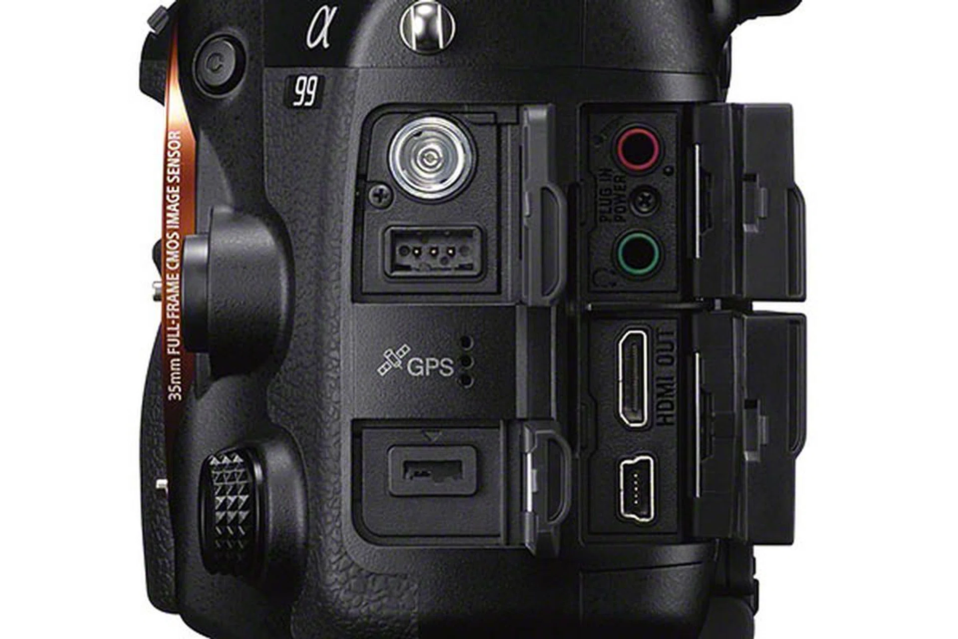 In anti-clockwise: Flash sync terminal, remote terminal, speaker (the holes beside the GPS logo), DC-IN terminal, USB terminal, HDMI terminal, headphone jack, and microphone jack.