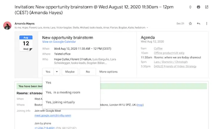 Example of Google Calendar's online vs physical RSVP.