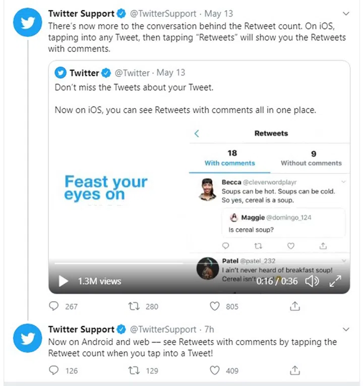 Retweets that have comments (top) can now be seen when you click on 'Retweets' for your particular post. Source: Twitter.