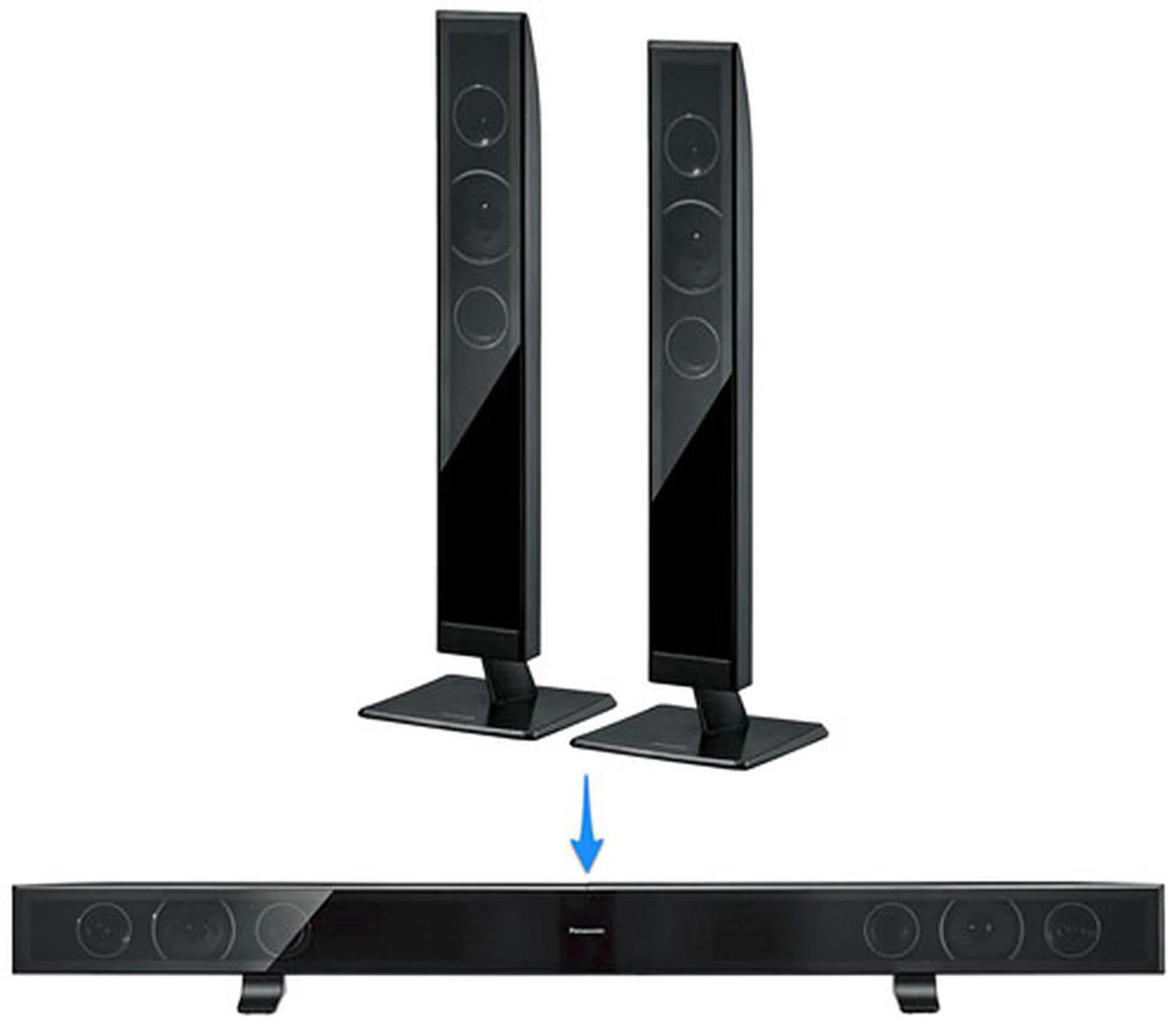 So, you now have the TV mounted to the wall, and want to place the speakers below it? Just join the two standing speakers together to get a horizontal sound bar.