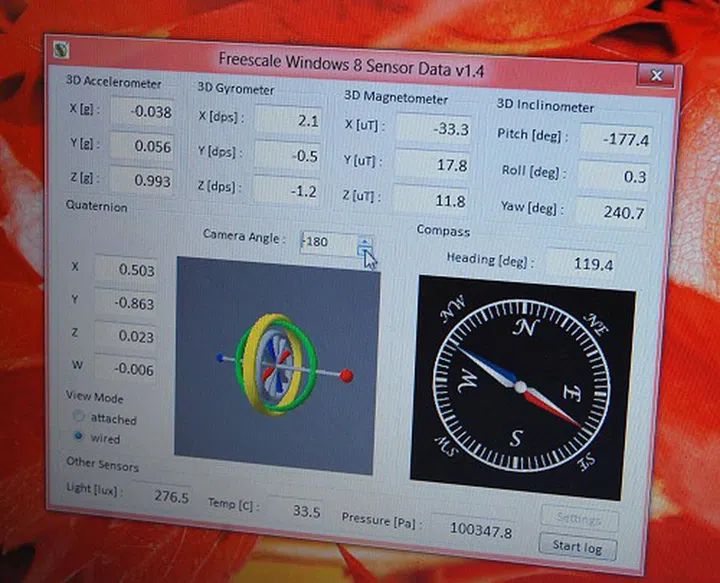 Freescale’s software sensor data collector relays in real-time of the actual values registered from various sensors on the reference sensor platform as we handled it in various ways. The proximity sensor was perhaps most interesting to notice in its functionality as it registered the amount of light its receiving based on senor visibility/blockage.