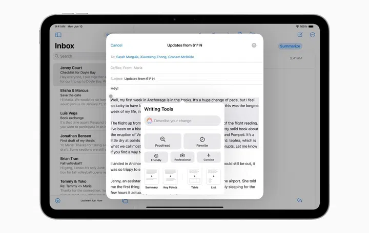 One of the key features of Apple Intelligence for iPadOS 18 is systemwide proofreading and rewriting. (Image source: Apple)