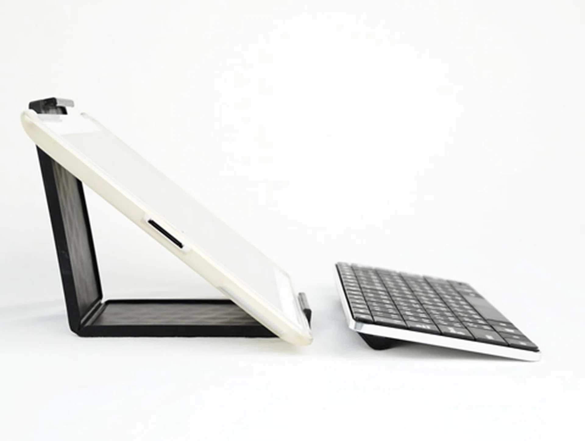 The Microsoft Wedge Mobile Keyboard allows you to prop your tablet at a right angle with your case on!