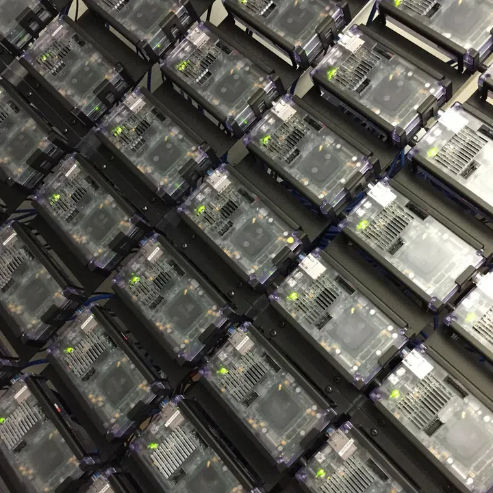 Closeup of the TrueNorth chipboard cluster by IBM.