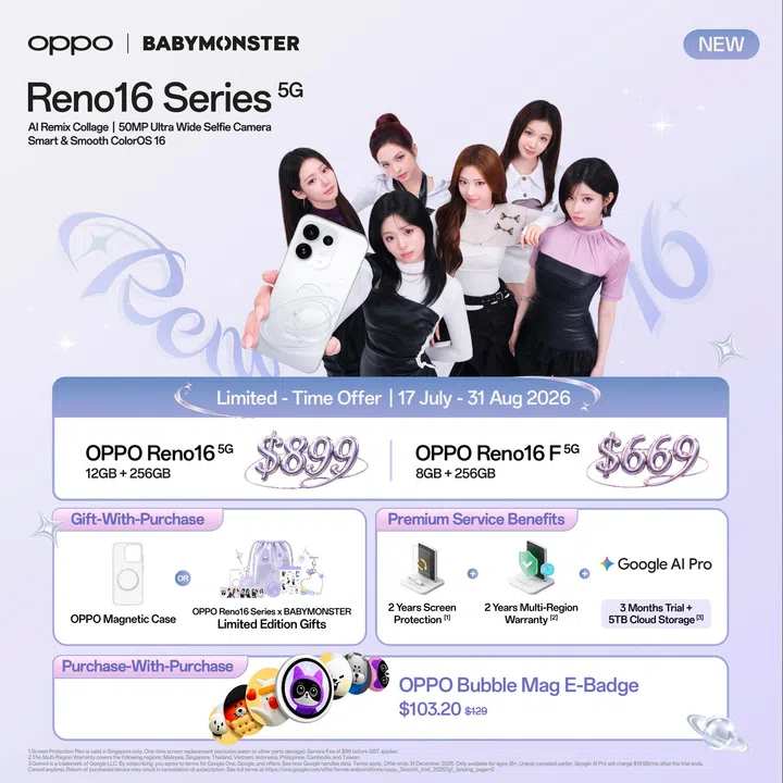 OPPO Reno16 5G, OPPO Reno16 F 5G, and OPPO Bubble