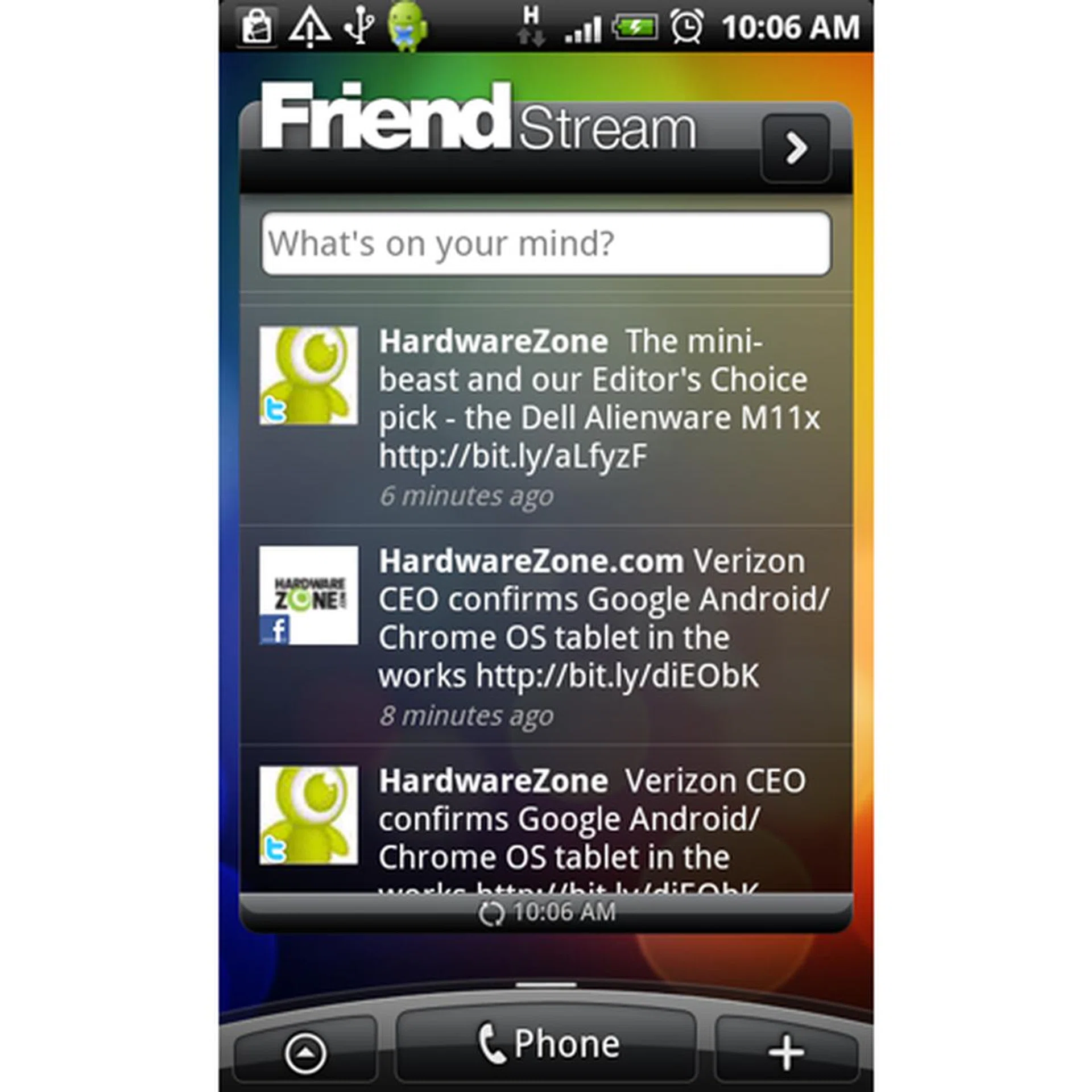 Update or read your feeds via Friend Stream. Replying or retweeting, however, will still require you to access the accounts separately.