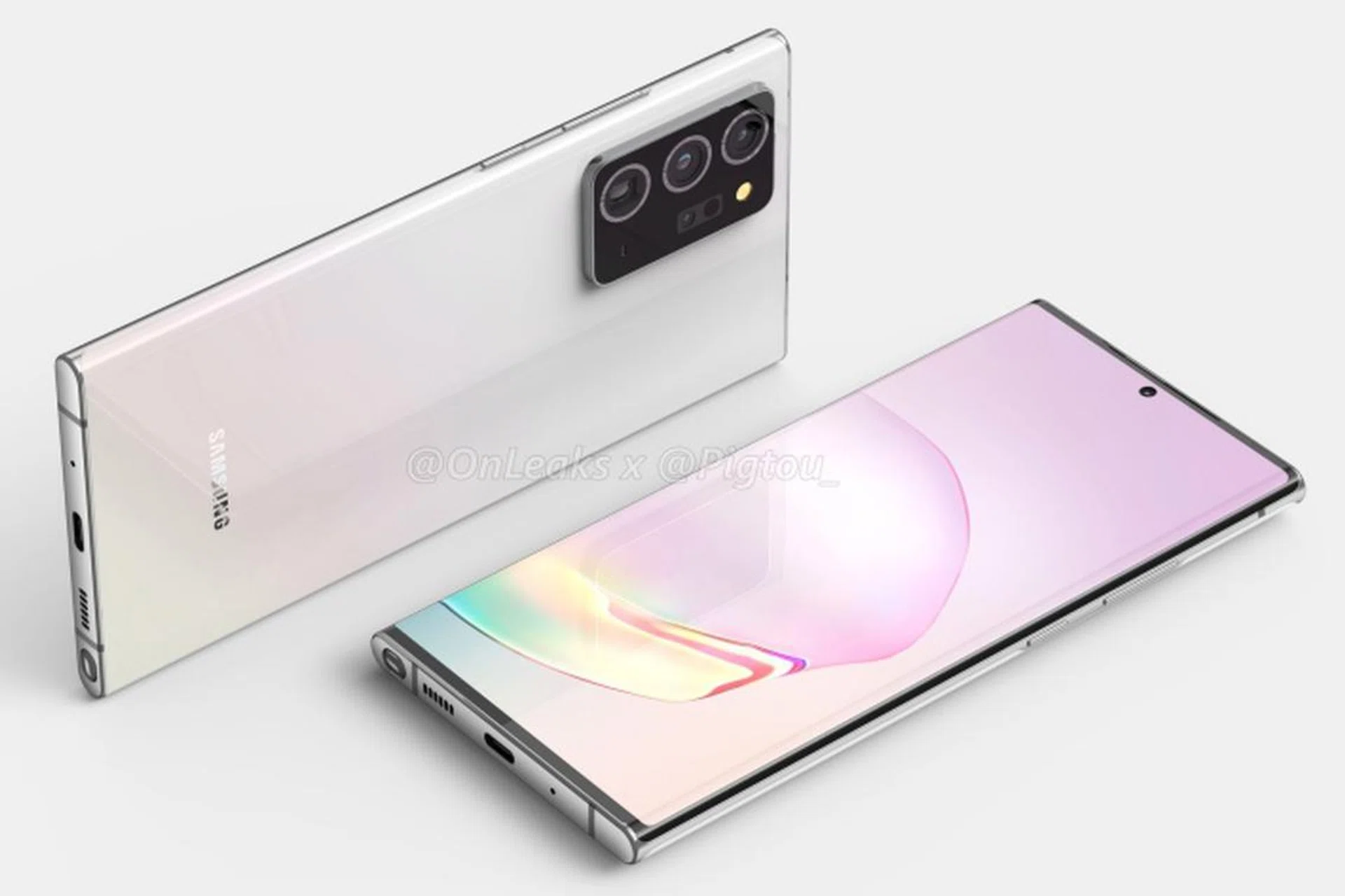 Purported render of the Samsung Galaxy Note20+. <br>Image source: @OnLeaks & @Pigtou