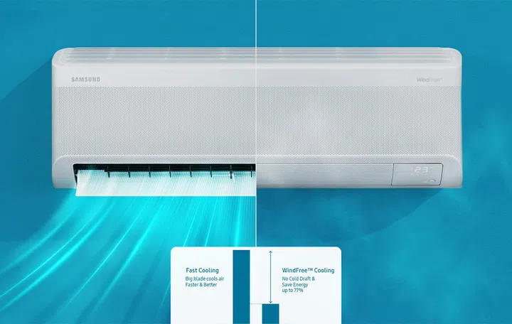 Fast Cooling mode (left) versus WindFree mode (right). The aircon is powered on and blowing even in WindFree mode, but the 23,000 holes spare you from cold air directly blown onto your person.