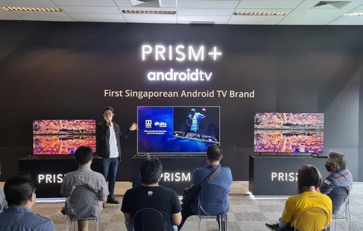 Prism+ Managing Director Jon Ng briefing the media on the Dolby and DTS sound on the new TVs. 