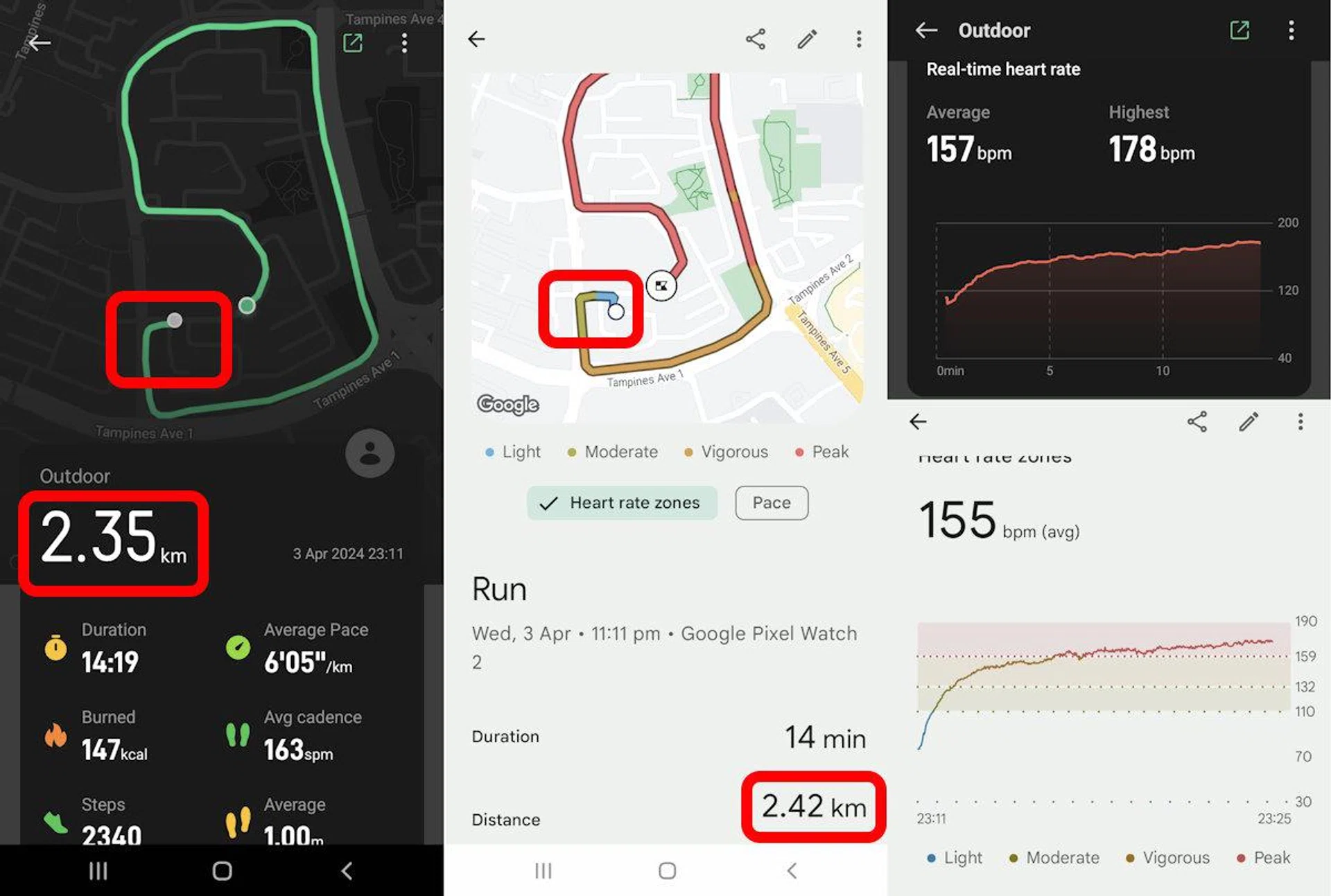 While heart rate data is comparable on the Watch X (dark screen) and Pixel Watch 2 (light screen), the forced auto-start countdown means that distance will be under-reported most of the time.