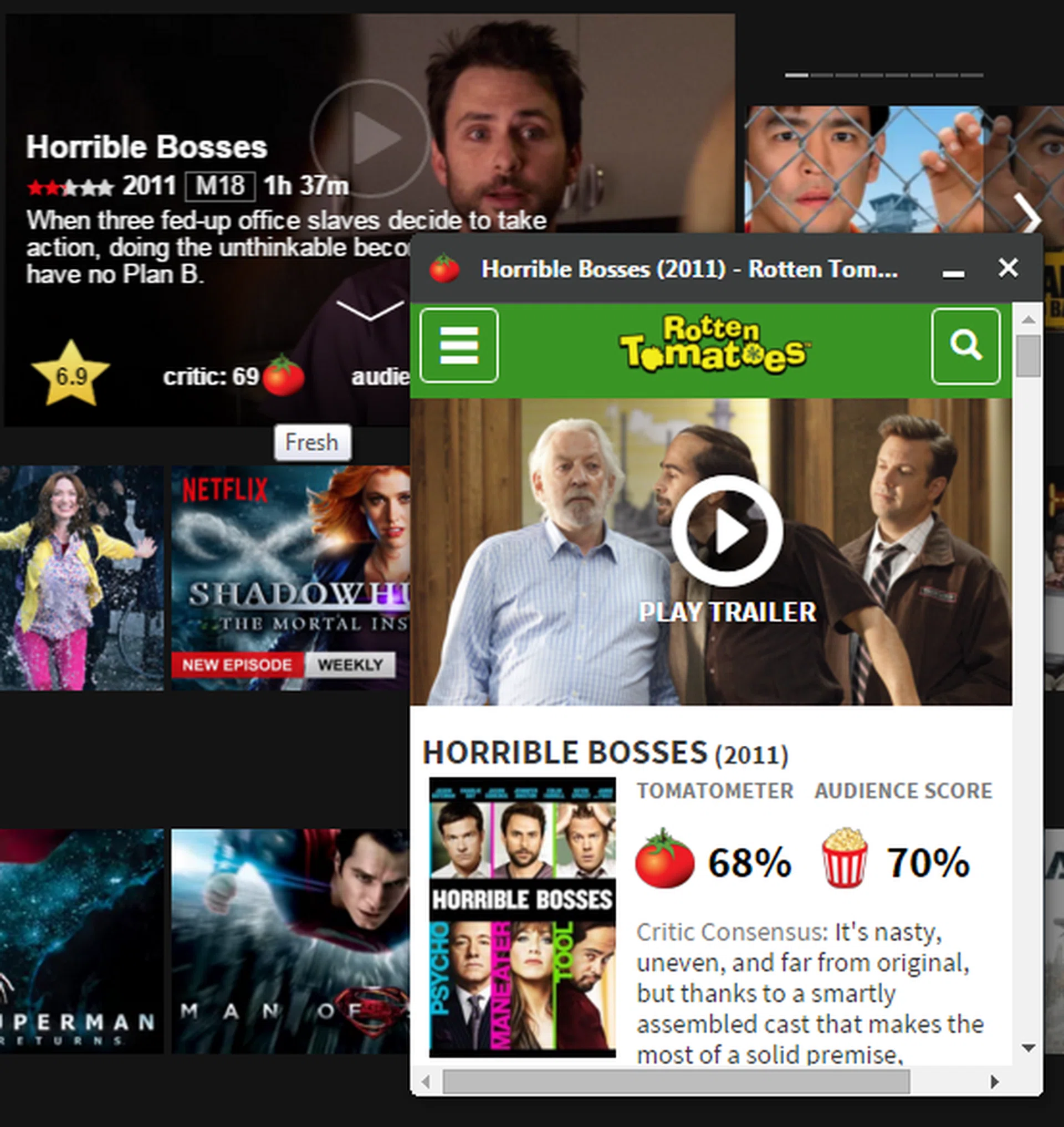 This is what the add-on looks like with everything fully enabled. Mouse-over the show in Netflix, and you'll get a IMDB star rating together with a Rotten Tomato Critic rating, and RT's popcorn (user) rating. If you enabled the optional panel function, you get the pop-up when you click on any of the ratings.