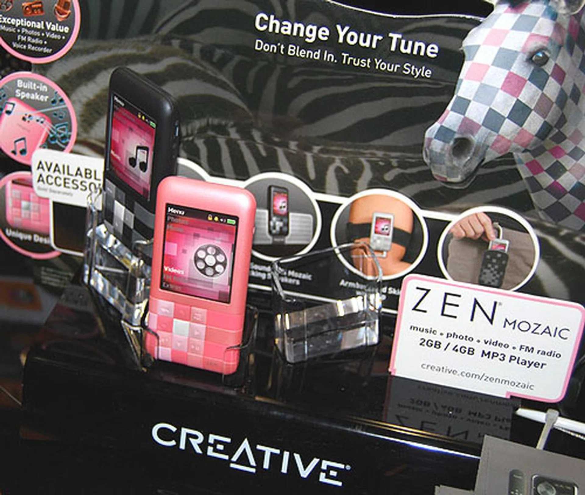  The latest Zen media player from Creative is the Mozaic, which plays songs, video, radio and images and comes in 2GB and 8GB sizes. The 8GB version is selling at S$169 and the 2GB for S$99.  
