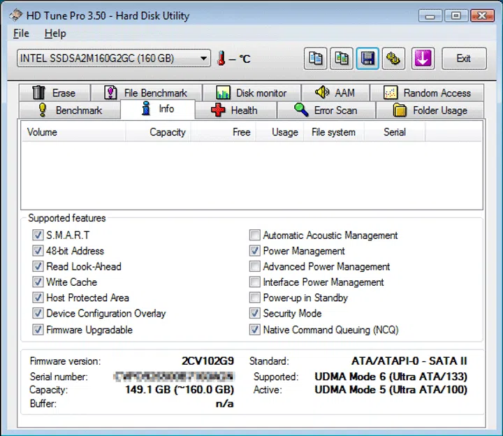 Here's the info tab from HD Tune Pro utility after we flashed the drive with the latest firmware, 2CV102G9, which resolved the system hanging issue previously when setting a password to the drive at the BIOS level.