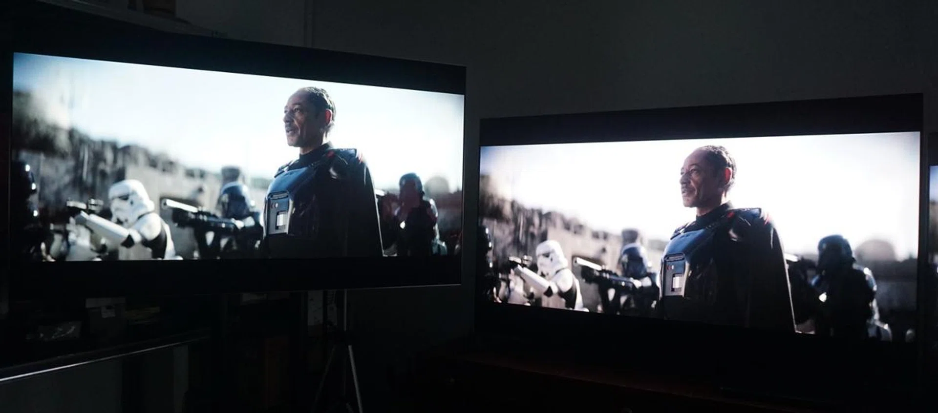 In this shot, you'll notice the Sony A95L (on the right) has better colour tones and is brighter and more vibrant, almost making the LG G4 (on the left) look a bit pale in comparison. If you doubt which is more accurate, Samsung (peeking in on the far right), has more in common with the Sony than the LG, plus we've photos from past TVs tested to guide us as well.