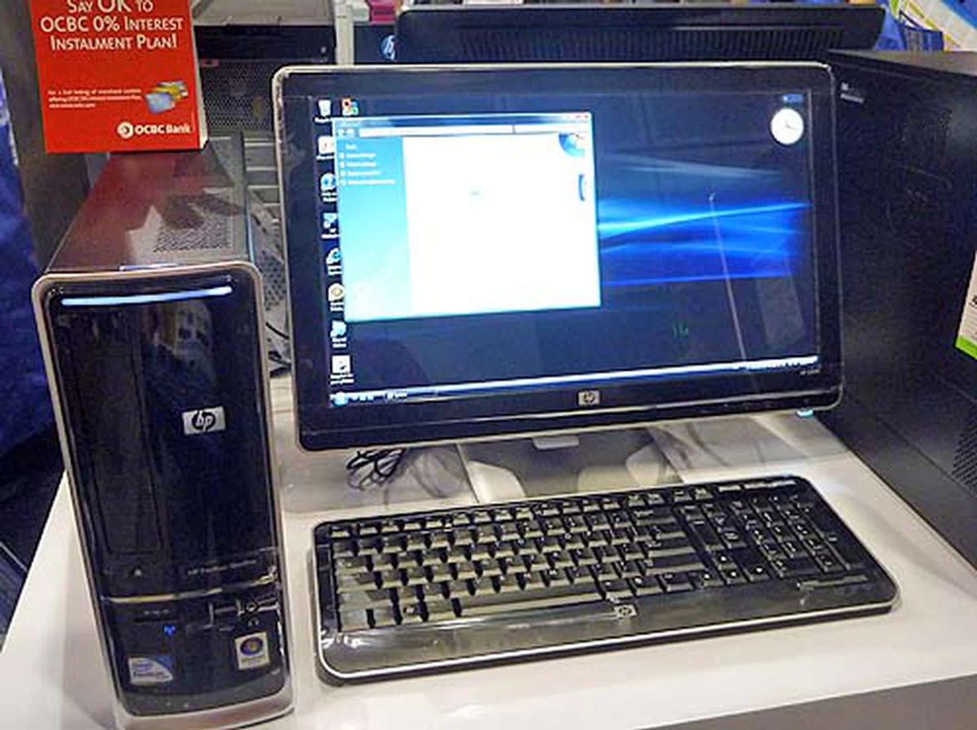 Let's start with desktops and over here we have the Intel Core 2 Quad Q8400 machine, the HP Pavilion S5188d Slimline PC with 4GB RAM, 750GB HDD, NVIDIA GeForce GT120 and a 23-inch LCD display and a price of just $1499.