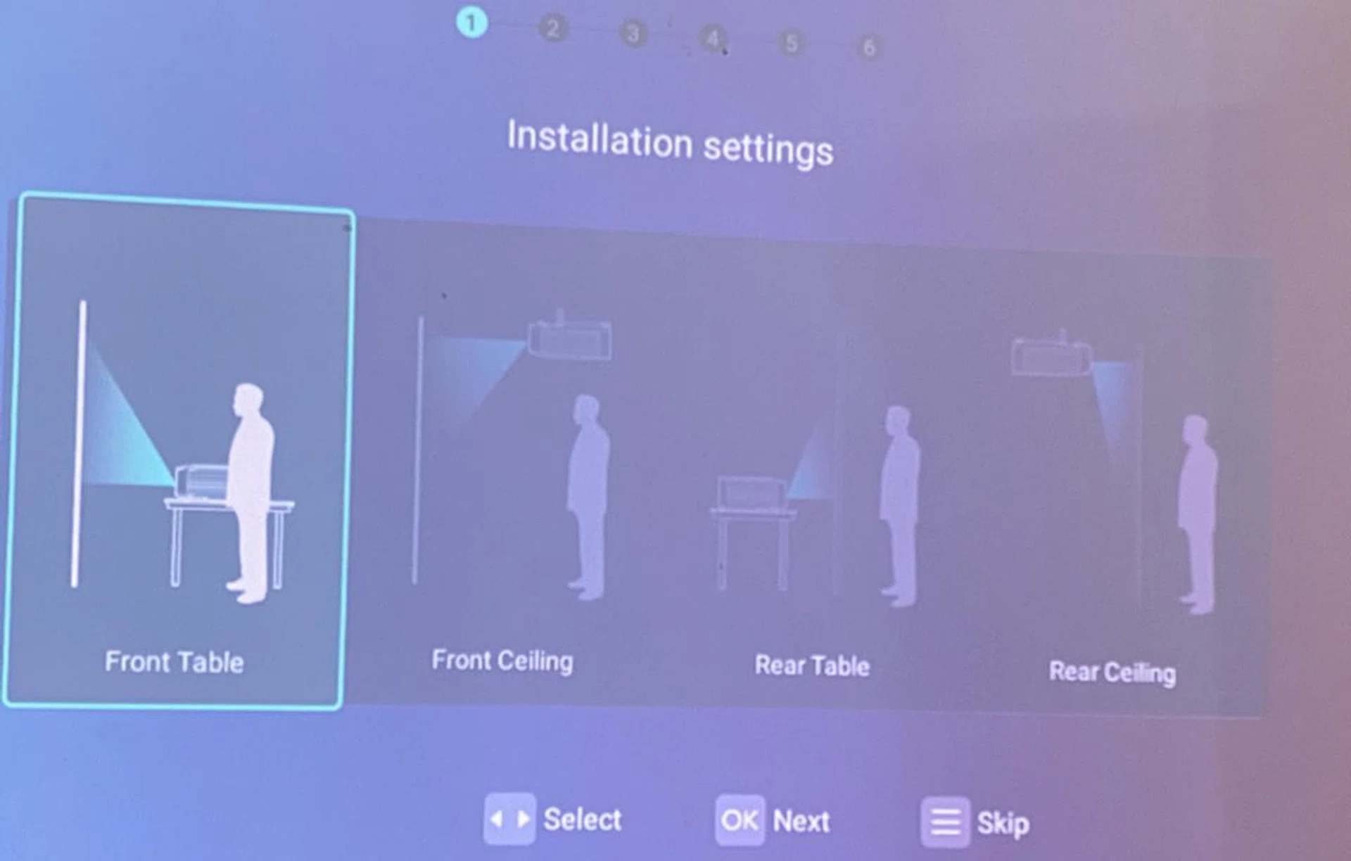 There are various ways to set up the projection and this setup screen will better calibrate the unit for optimal usage based on your physical set up.