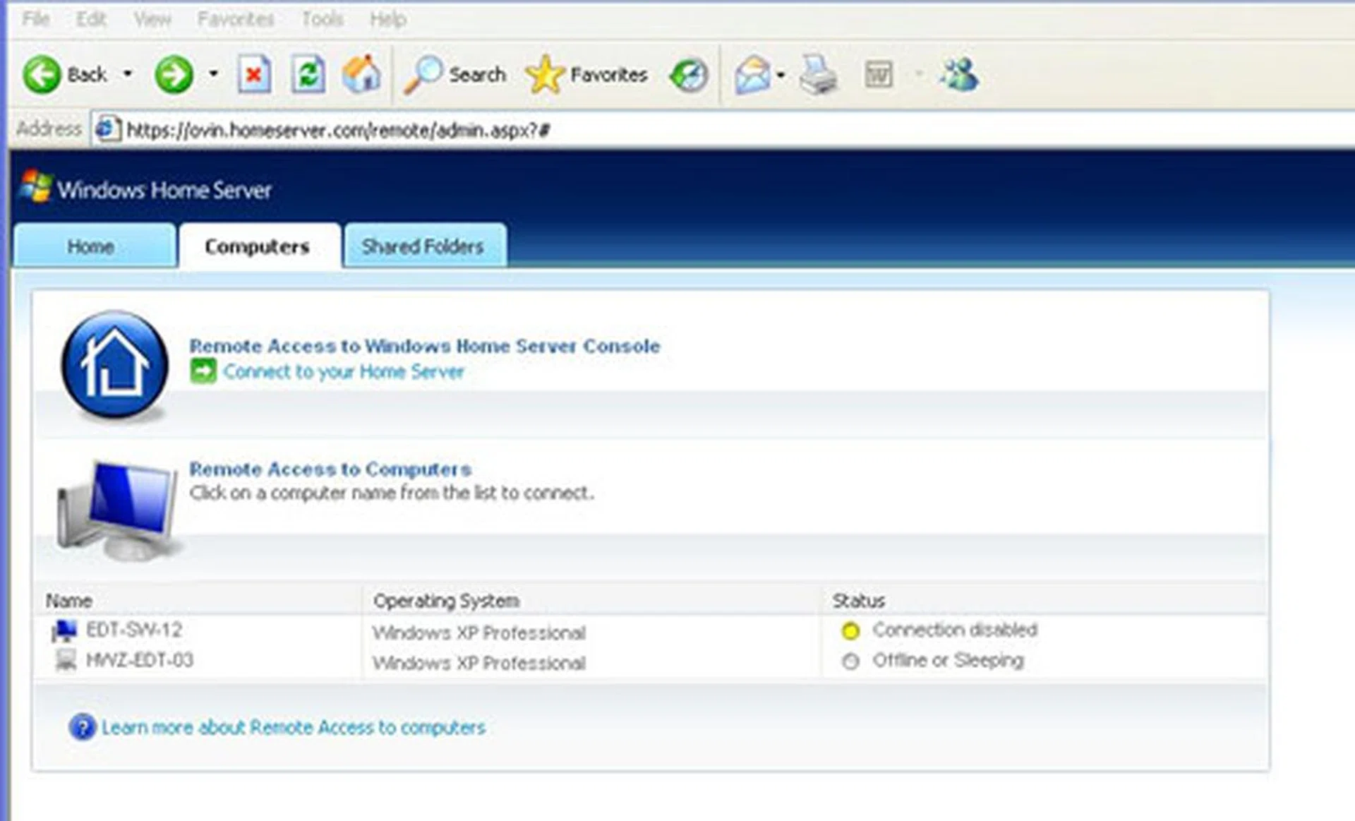 (Click to enlarge.) From outside the network or even via the Internet, you can remotely access another client computer thru the web interface offered by Windows Home Server. This is done by tapping into Window's Remote Desktop Protocol and requires Internet Explorer as the browser (due to ActiveX) to function properly. If configured correctly, you can remote desktop to any client computer from anywhere in the wired world. 