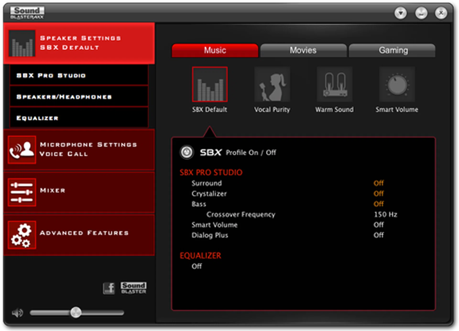 The Sound BlasterAxx control panel gives a great degree of control over the speakers. You can even tweak individual settings with SBX Pro Studio such as the amount of bass boost, the crossover frequency, having "Surround" on while turning "Crystalizer" off etc.