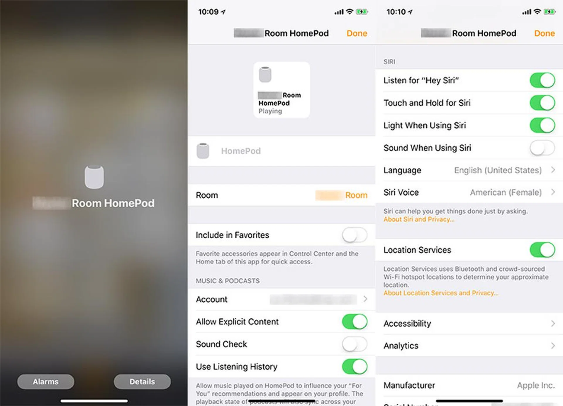 The Details section is where you change HomePod's name and location, and manage music, podcasts, Siri, and accessibility settings.