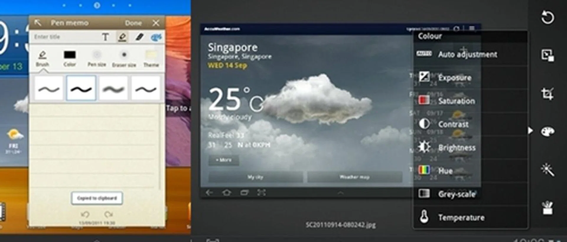 Samsung TouchWiz features two useful apps which are the Pen Memo (left) and Photo Editor (right). The Pen memo is a note taking app where you can choose the type of brush, color, pen size and theme for entering text. The Photo Editor is a basic photo editing app that let you rotate, resize, crop and add color effects to your images.