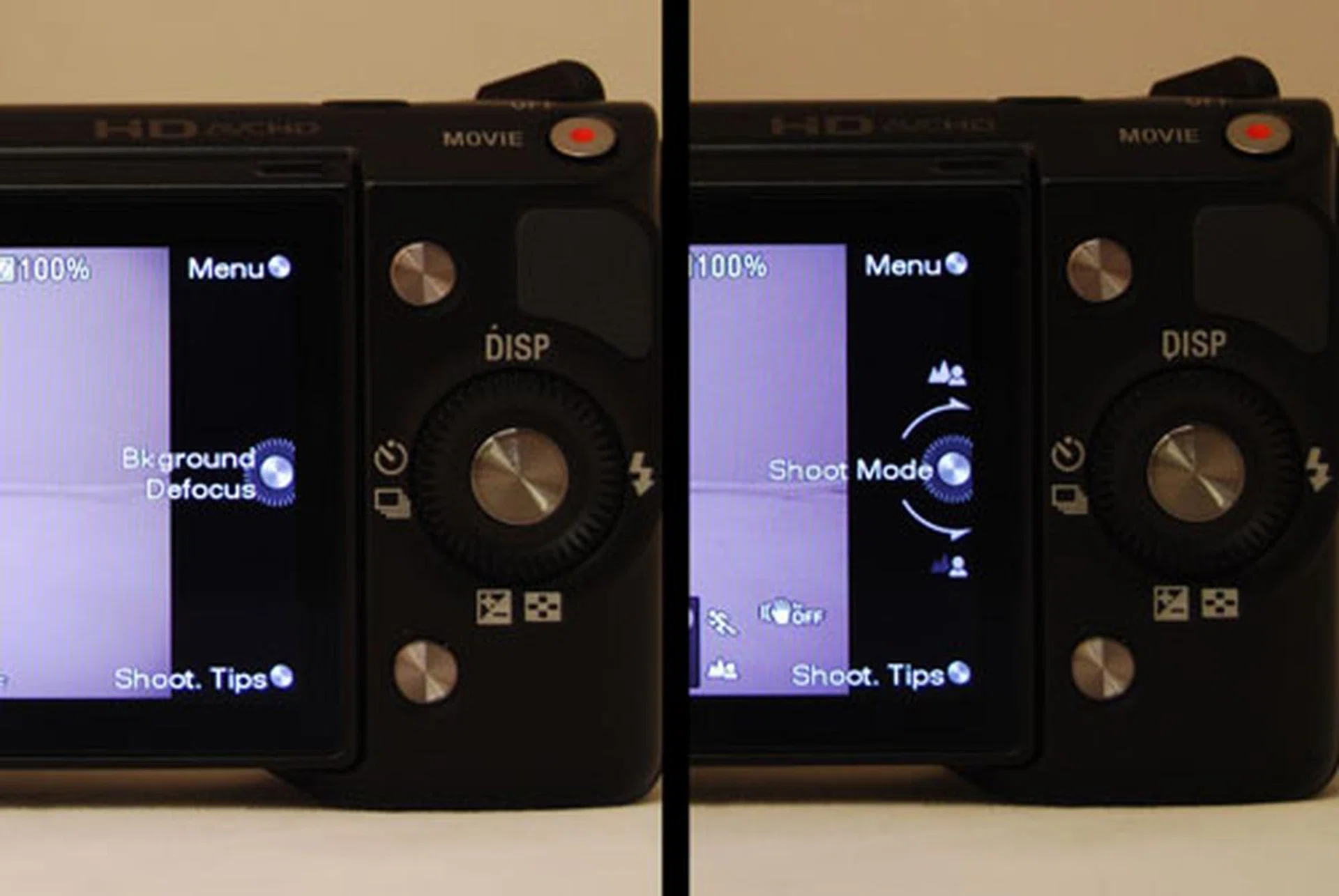 The three silver buttons on the back change their functions depending on context. In iA mode (left) the main silver button now controls 'background defocus', while in shutter/aperture/manual modes it takes you back to the shooting mode control.