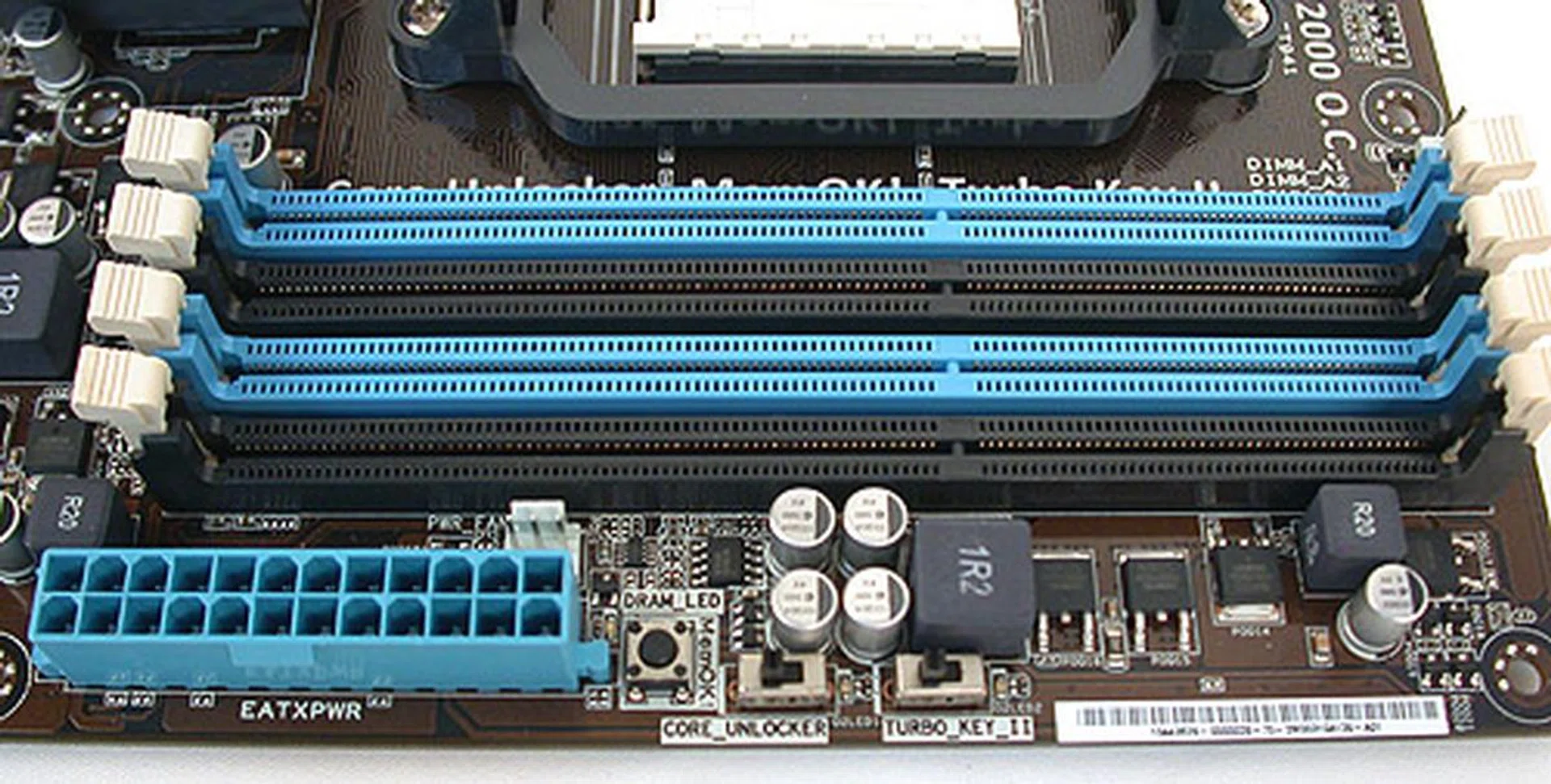 The usual four DIMM slots for DDR3 memory.