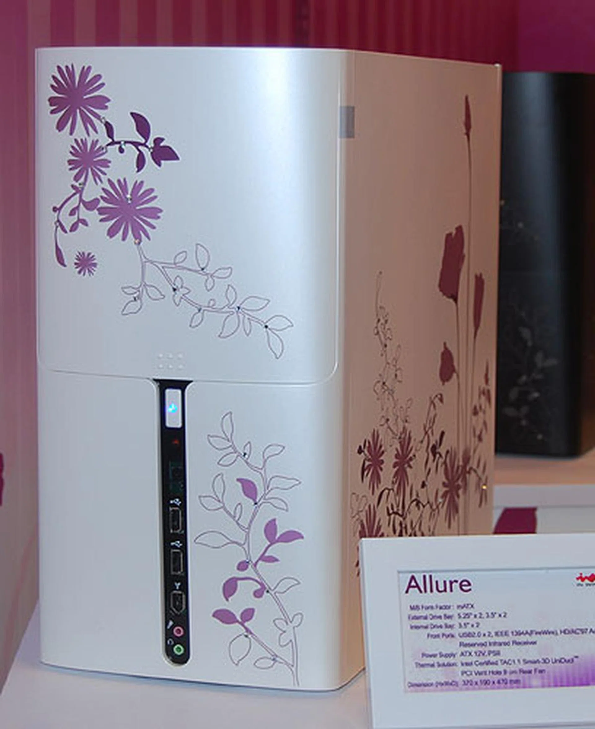  The Allure is another desktop chassis that is far away from the typical black, silver and bland chassis from other brands. Featuring a flowery motif, it supports mATX boards and one can install two 5.25-inch external drives and two 3.5-inch internal drives.  