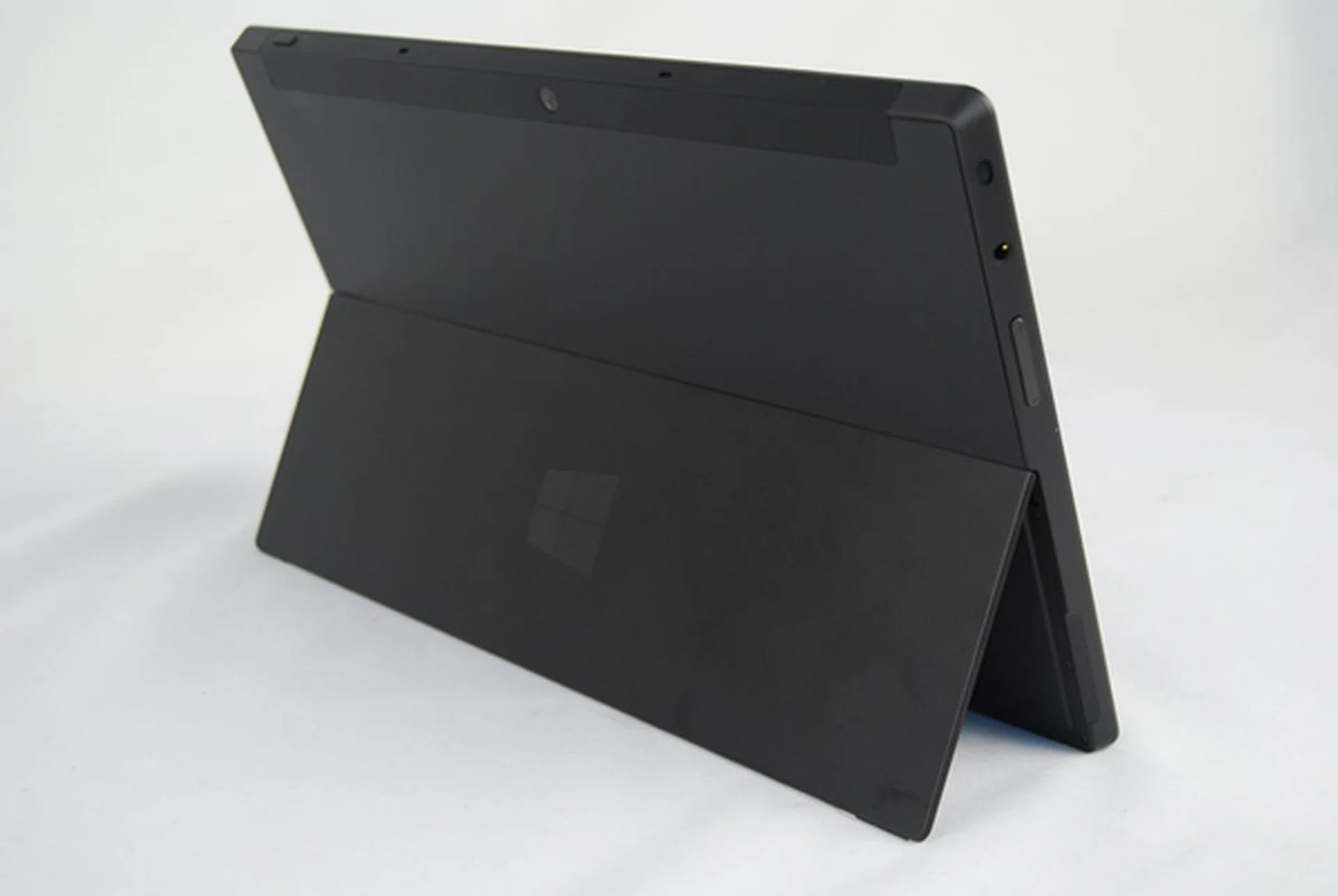 The integrated kickstand is fixed at a certain angle, hence you are unable to adjust  it in any way. With the kickstand in place, Microsoft claims that the front-facing camera is angled upwards at 22 degrees, hence the camera will look straight ahead when partaking in video conference calls.