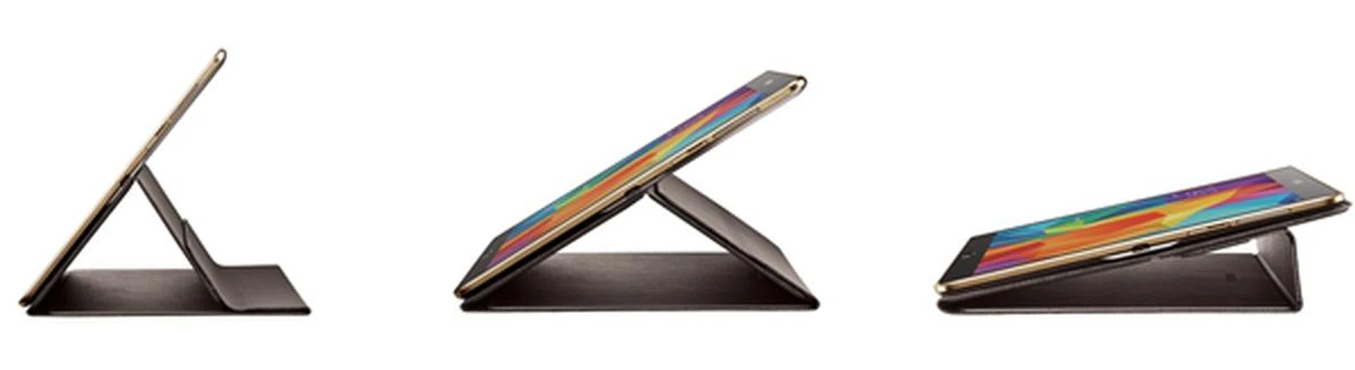 From left to right: Viewing mode, Touch mode and Typing mode. <br> Tablet featured in this image is a Galaxy Tab S, but the three positions are similar.